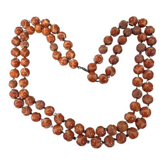 Vtg Hand-Carved Rosette Rose Coral Beaded Necklace Sterling Clasp Double Strand - Picture 7 of 7